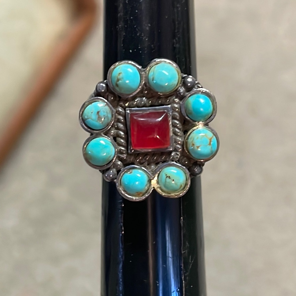 Sterling silver ring with turquoise /howlite and red color stone/glass size 6